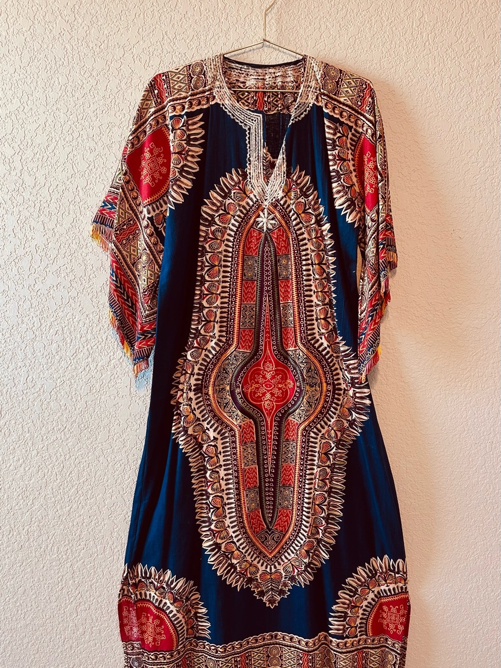 Bohemian Embroidered Dashiki Maxi Dress in Navy and Red